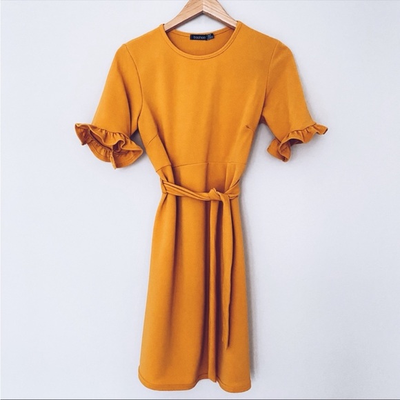 BOOHOO Mustard Tie Waist Flutter Sleeve Mini Dress - Picture 1 of 2